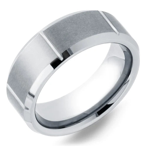 Tungsten band with brushed and beveled edge