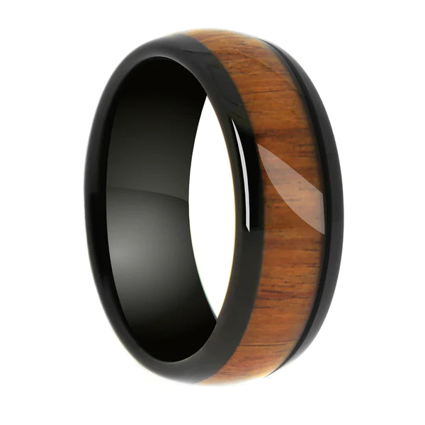 Black tungsten band with whiskey barrel wood inlay.