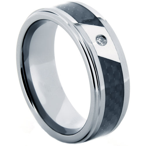 Tungsten band with black carbon fiber inlay and cz 8mm