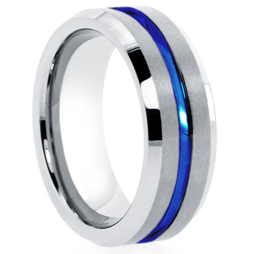 Tungsten band with blue line down the center groove. 8mm